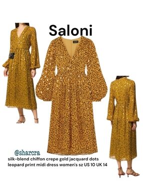 SALONI Camille B dress silk-blend chiffon gold leopard print Midi Women's US 10